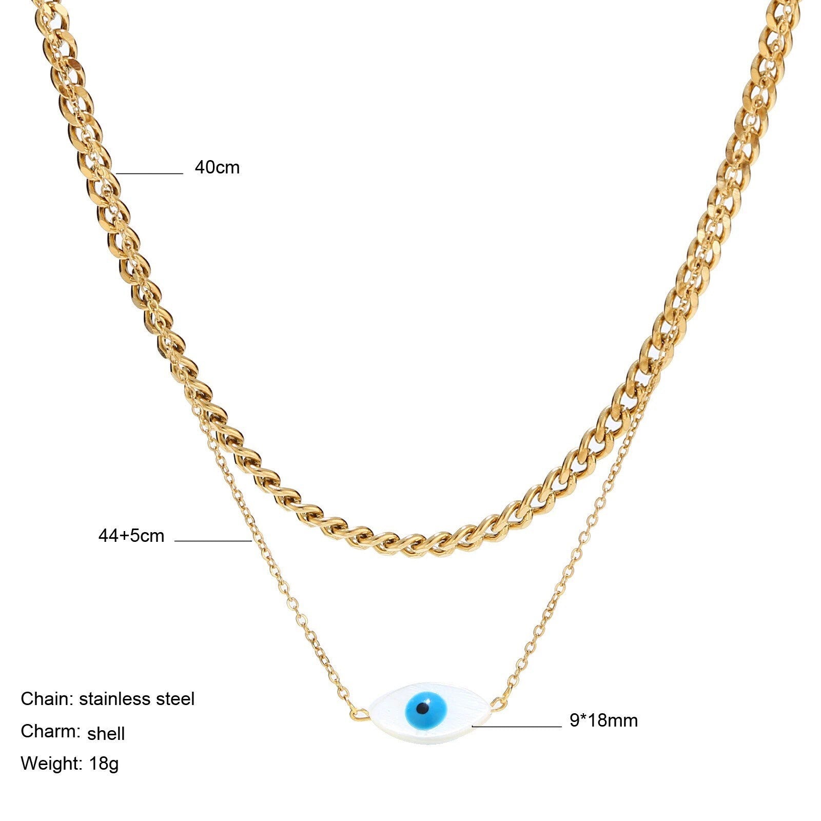 Evil Eye Necklace | Double Chain | Set | Shell Pendant | Gold | Stainless Steel | Gift Crystal Eyes It