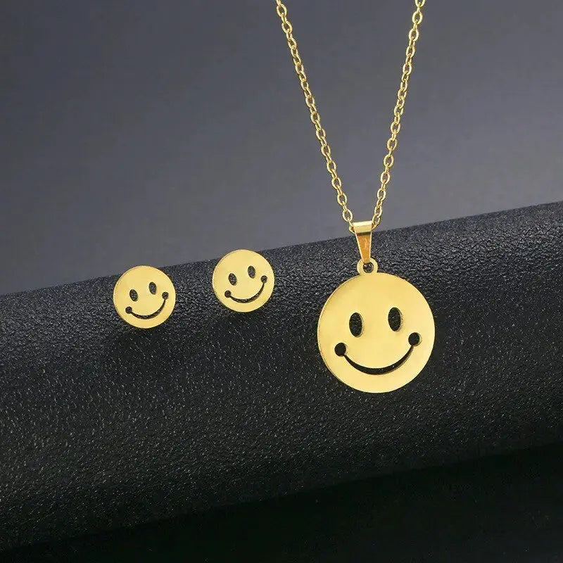 Smiley Face Necklace | Earring Set | Happy Face Gold | Stainless Steel | Chain | Pendant | Gift