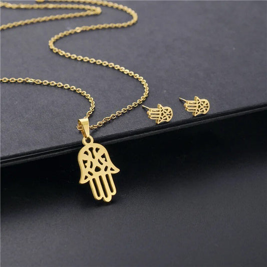 Hamsa Necklace | Earring Set | Gold | Stainless Steel | Chain | Pendant | Gift Crystal Eyes It