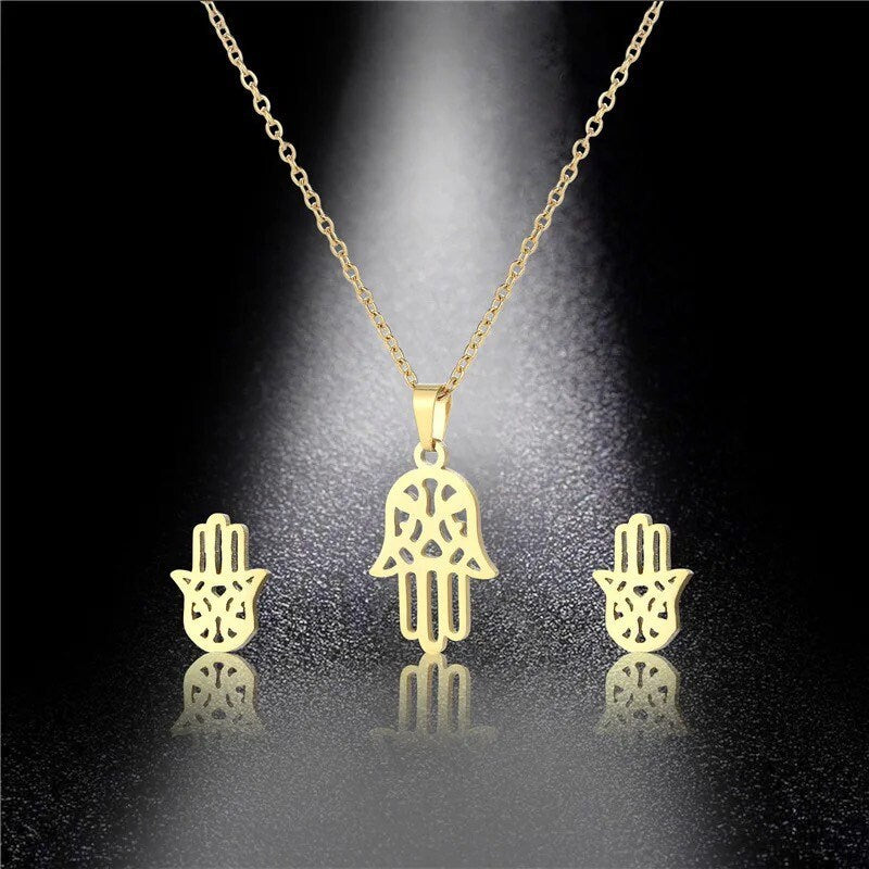 Hamsa Necklace | Earring Set | Gold | Stainless Steel | Chain | Pendant | Gift Crystal Eyes It