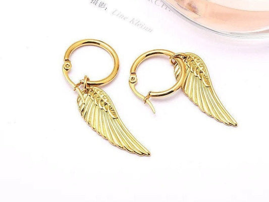 Angel Wing Earrings | Hoop | Dangling | Drop | Gold | Stainless Steel | Gift Crystal Eyes It
