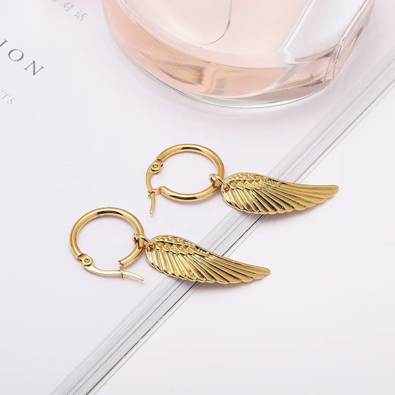 Angel Wing Earrings | Hoop | Dangling | Drop | Gold | Stainless Steel | Gift Crystal Eyes It