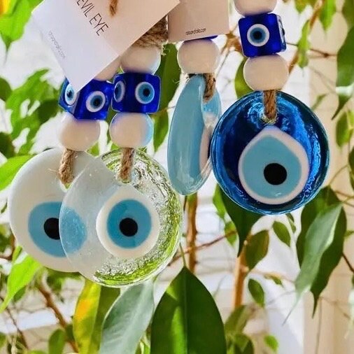 Evil Eye Glass Pendant | Round | Hanging | Light Blue | White | Clear | Protection | Home Decor | Turkish | Large Bead | Housewarming | Gift Crystal Eyes It