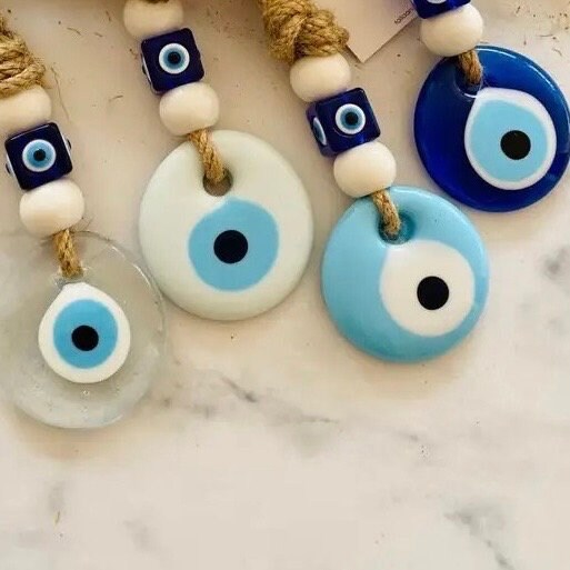 Evil Eye Glass Pendant | Round | Hanging | Light Blue | White | Clear | Protection | Home Decor | Turkish | Large Bead | Housewarming | Gift Crystal Eyes It