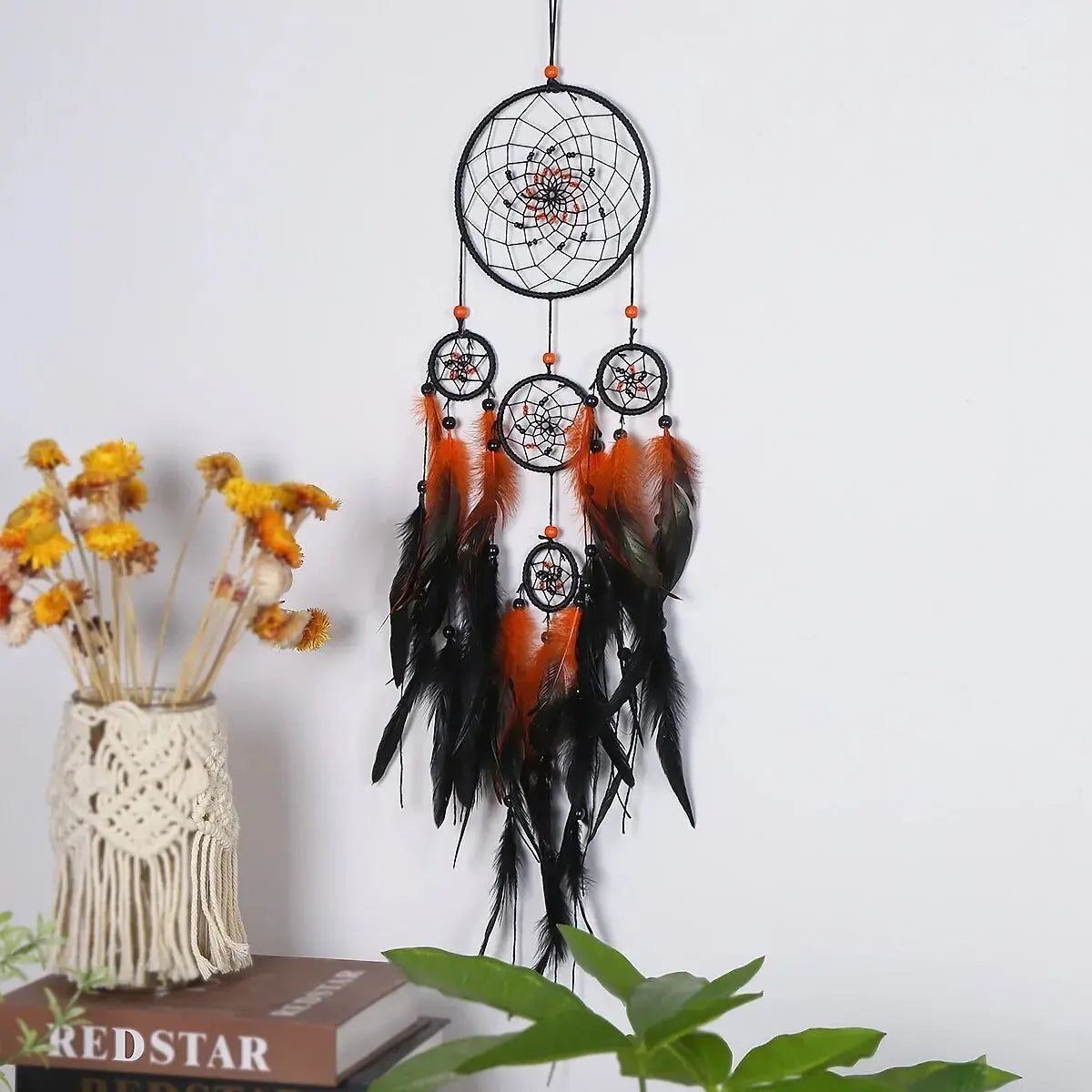 Dreamcatcher | Black | Orange | Dream Catcher | Wall Hanging Decoration | Boho | Feathers | Art | Halloween | Gift Crystal Eyes It
