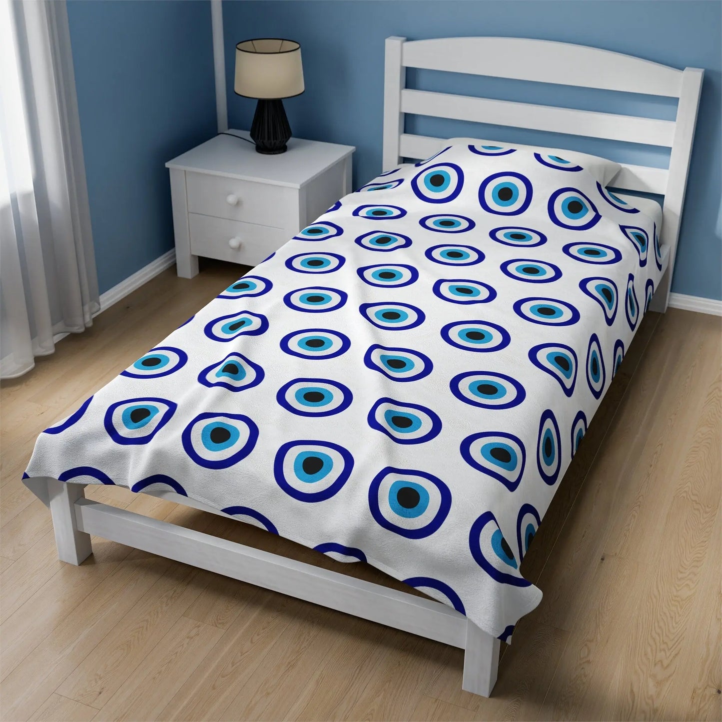 Evil Eye Blanket | Velveteen | Plush | Throw | Blankets | White | Blue | Gift