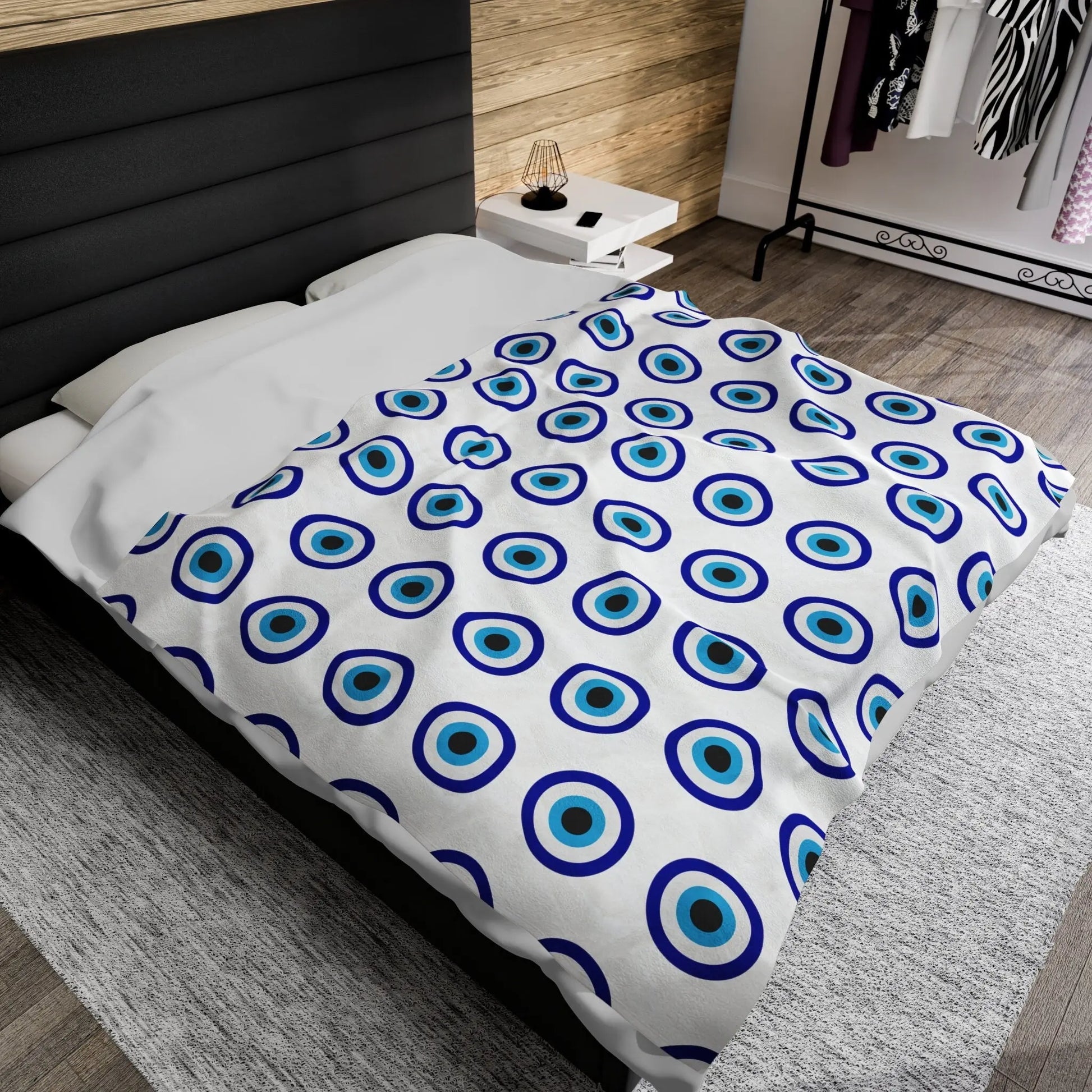 Evil Eye Blanket | Velveteen | Plush | Throw | Blankets | White | Blue | Gift
