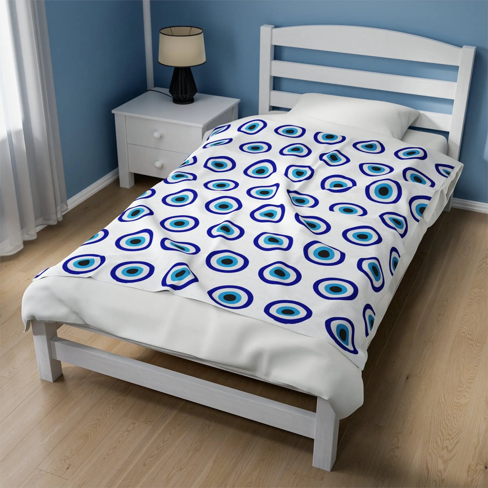 Evil Eye Blanket | Velveteen | Plush | Throw | Blankets | White | Blue | Gift