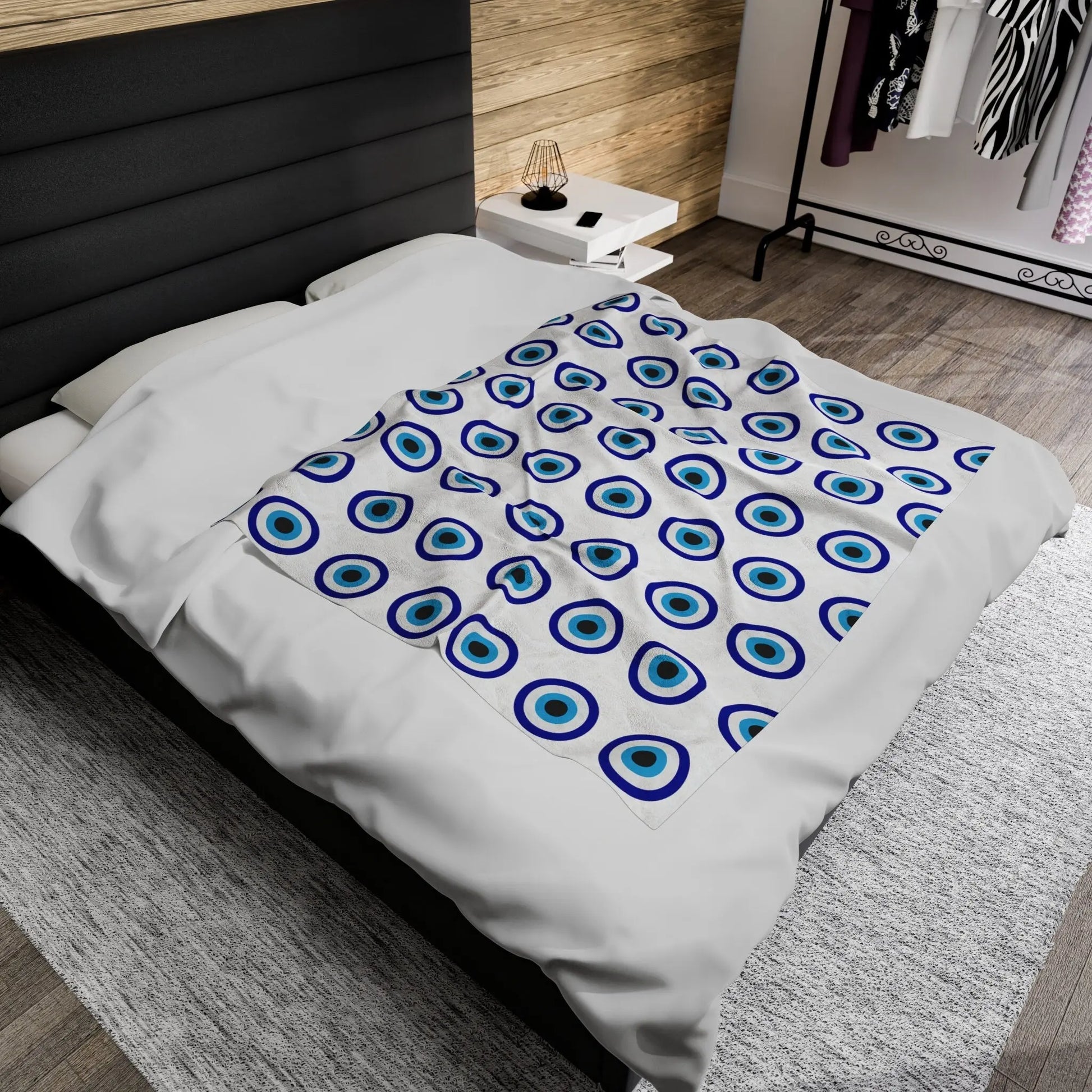 Evil Eye Blanket | Velveteen | Plush | Throw | Blankets | White | Blue | Gift